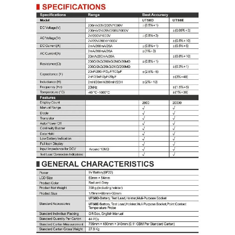 UNI-T UT58A UT58B UT58C UT58D UT58E Профессиональный цифровой мультиметр Высокоточный многофункциональный электрический измерительный инструмент