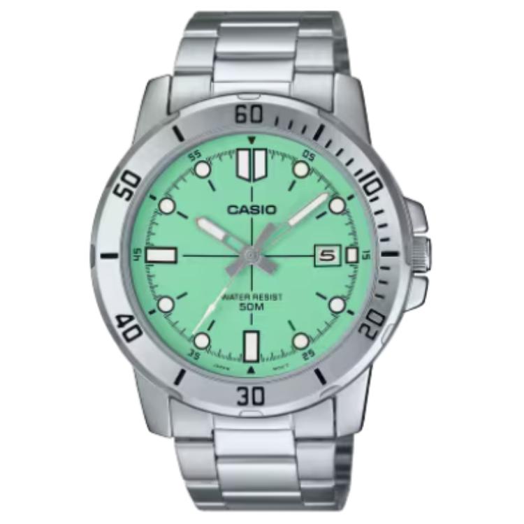 Casio 50M Водонепроницаемые Кварцевые Мужские Часы из Нержавеющей Стали Зеленый Циферблат MTP-VD01D-3E1V