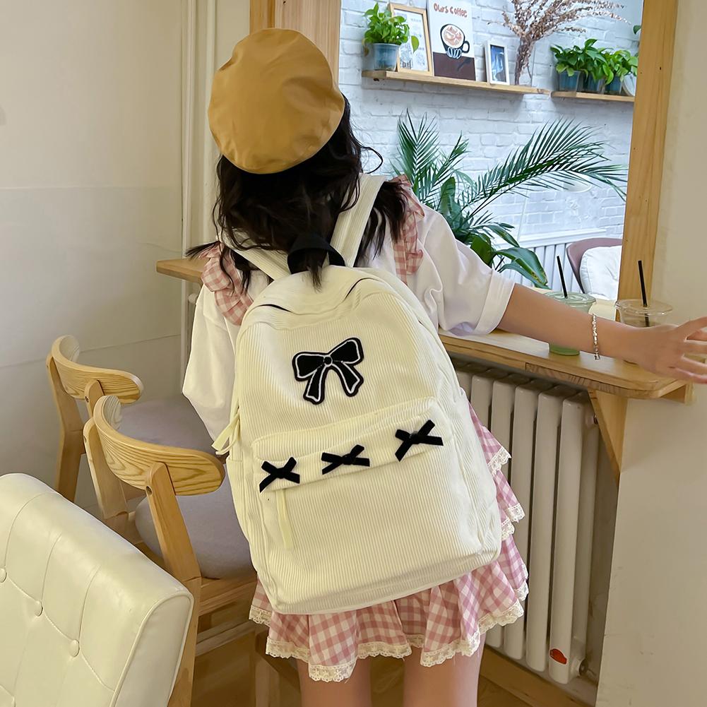 Cute Bowknot Casual Travel Daypack Corduroy School Bag Lightweight Student Rucksack for Girls Women High School College Work CLE
