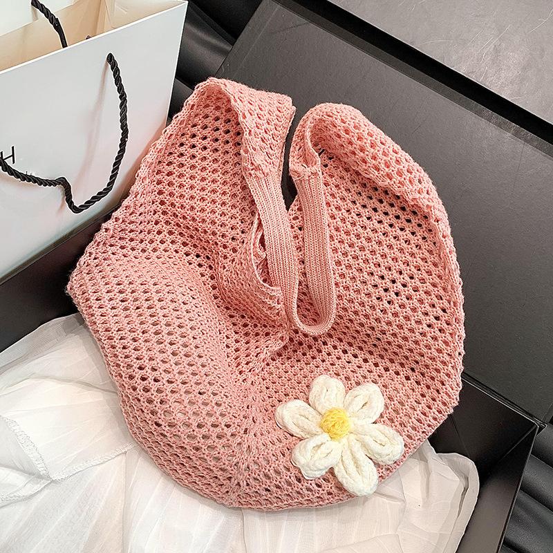 Women's Casual Hollow Out Wicker Woven Ladies Handmade Totes Bag Large Capacity Summer Beach Floral Decor Female's Shoulder Bag