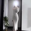 Нежное платье с открытыми плечами, с вырезом-лодочкой, длинное платье, ретро-дизайн, подчеркивающее фигуру, темпераментное, с разрезом сзади, вязаное длинное платье