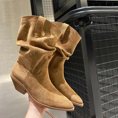 Модные высококачественные ботильоны из искусственной замши для женщин, зимняя мода, острый нос, квадратный каблук, дизайнерские ботинки челси, обувь Zapatos De Mujer