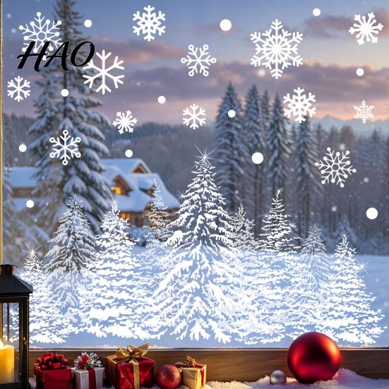 Festive Window Display Christmas Tree Snowflake Static Sticker, Double-sided Cling Decal, Holiday Decals Reusable PVC Glass for Parties Double