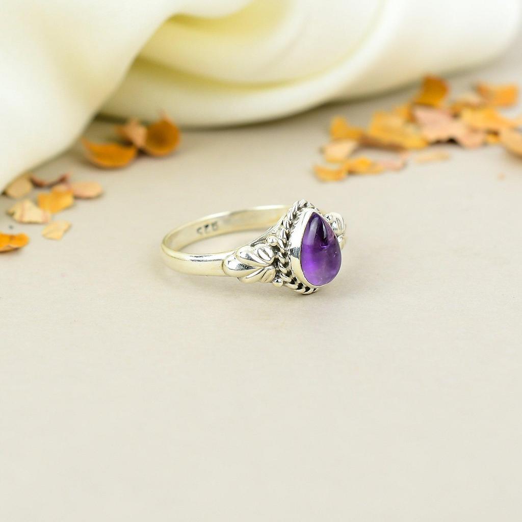 Amethyst Gemstone 925 Sterling Silver Pear Shape Handmade Jewelry Boho Ring For Women