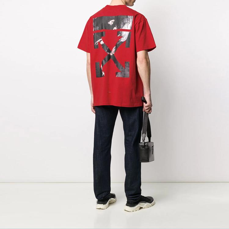 Off-White Картина маслом со стрелкой и принтом Свободная футболка Мужские топы Красный OMAA038S201850042088