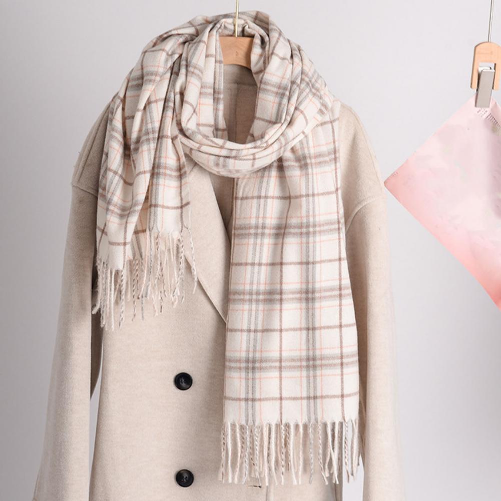 Women Scarf Plaid Pattern Tassel Decoration Thickened Scarf Long Warm Plush Neck Wrap Clothes Accessories