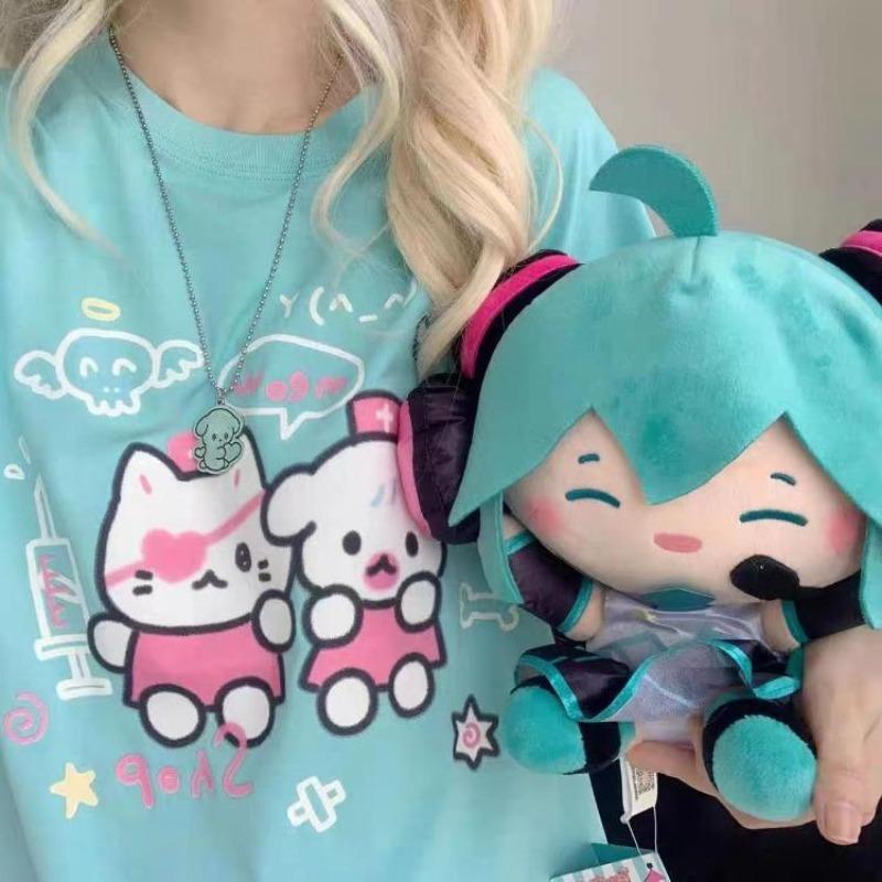 2KWEIRD Харадзюку Сладкий Каваии Футболки с коротким рукавом Летние Новые Топы с круглым вырезом На каждый день Женские Y2k E-Girl Миди Длинные Свободные Футболки