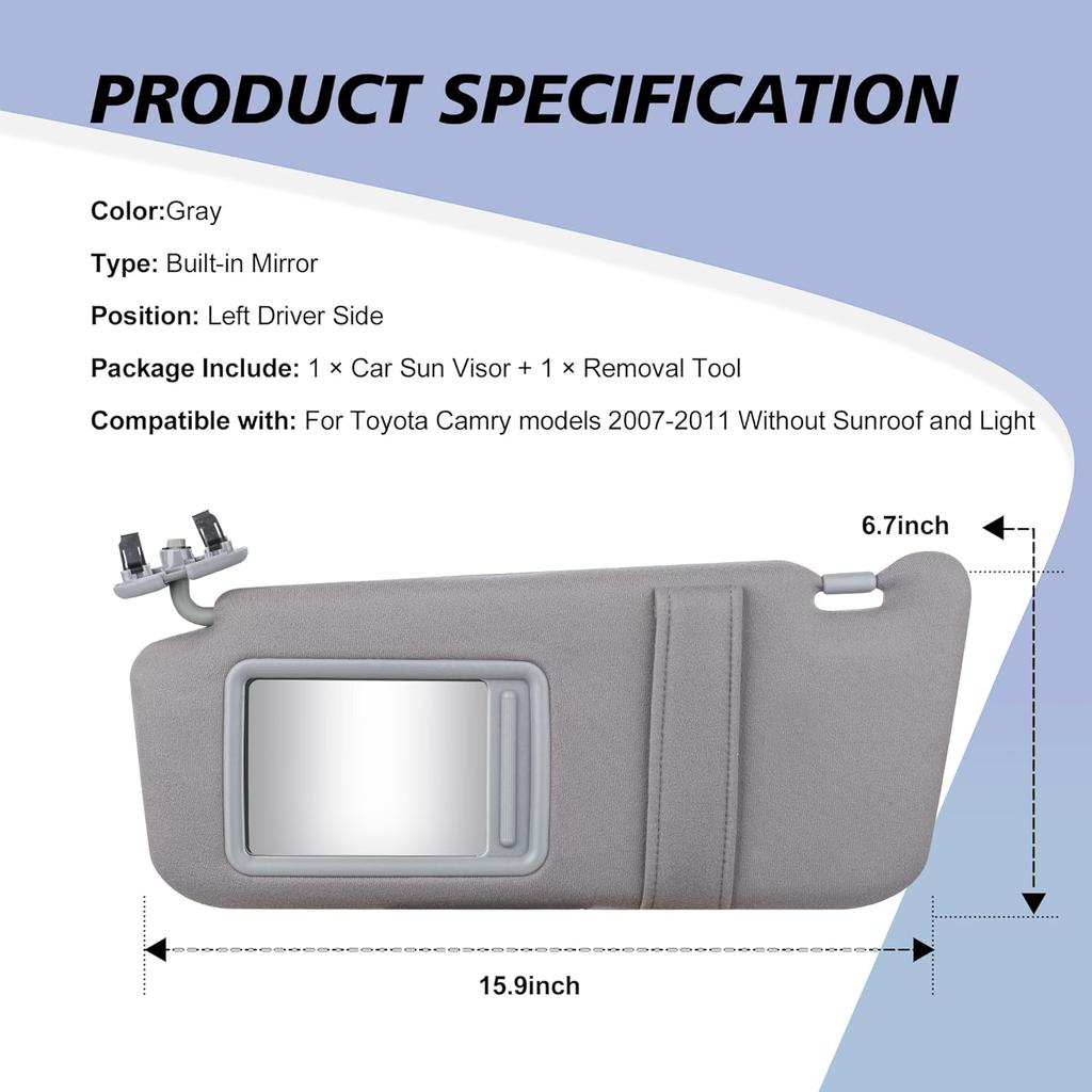 Серый левый козырек от солнца со стороны водителя подходит для Toyota Camry 2007 2008 2009 2010 2011 без люка и левая и правая сторона водителя и пассажира 74320-06780-B0