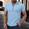 Men's Solid Color Cotton and Linen Short-sleeved Shirt Summer Casual Henry Collar Shirt Button V-neck Pullover Loose Top S-XXXL