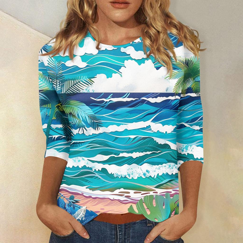 Женская модная повседневная футболка с круглым вырезом и рукавом 3/4, женский топ