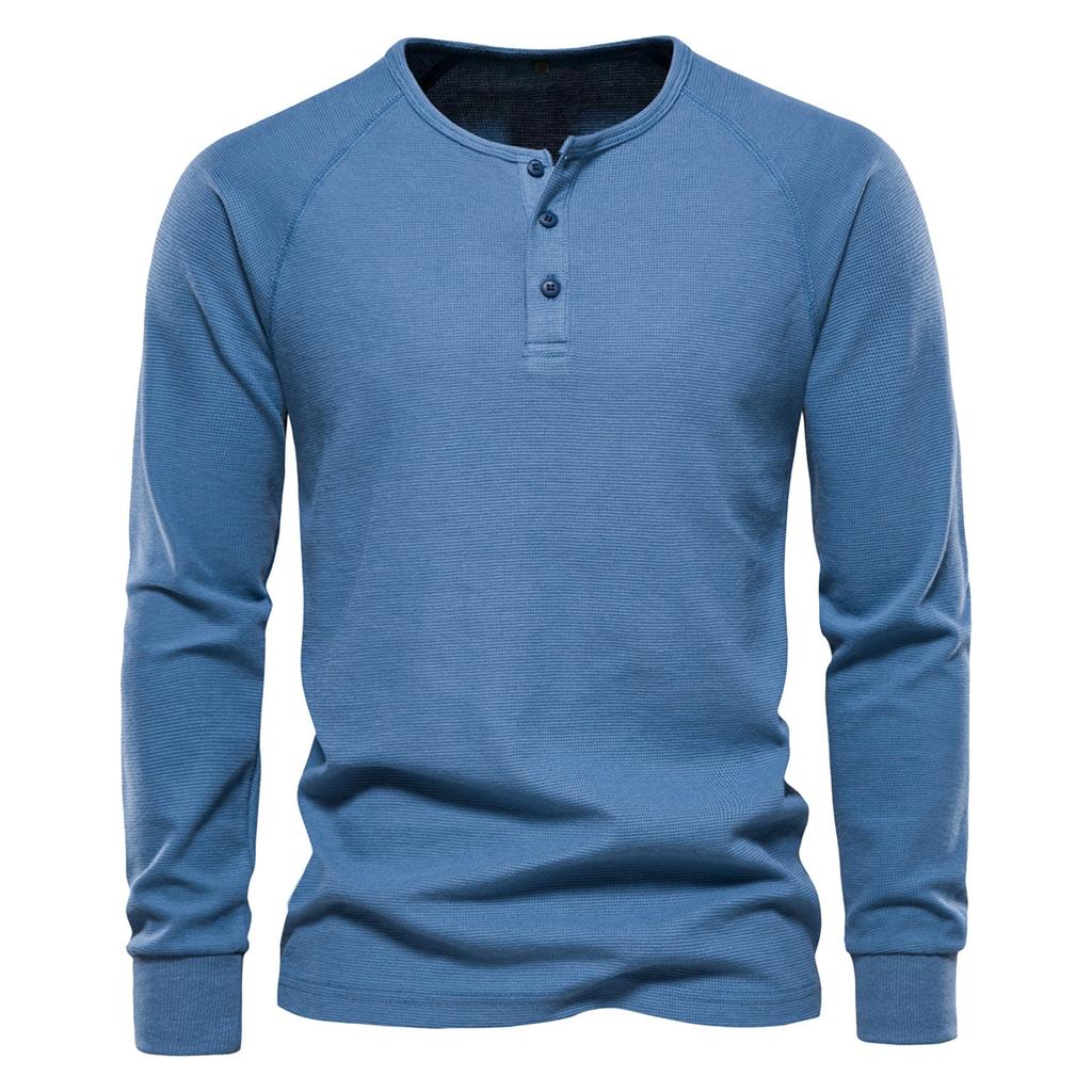 Men's Round Neck Button Long Sleeve Shirt Men's Casual Fashion Solid Color Shirt