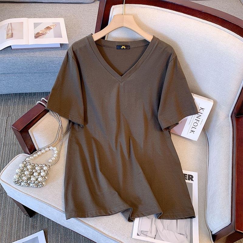 Женская футболка больших размеров летняя хлопковая с коротким рукавом свободная с V-образным вырезом