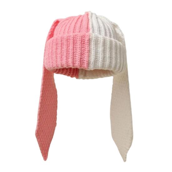 Зимняя вязаная шапка с длинными заячьими ушками, контрастного цвета, унисекс, плотная, теплая, высокоэластичная, ветрозащитная