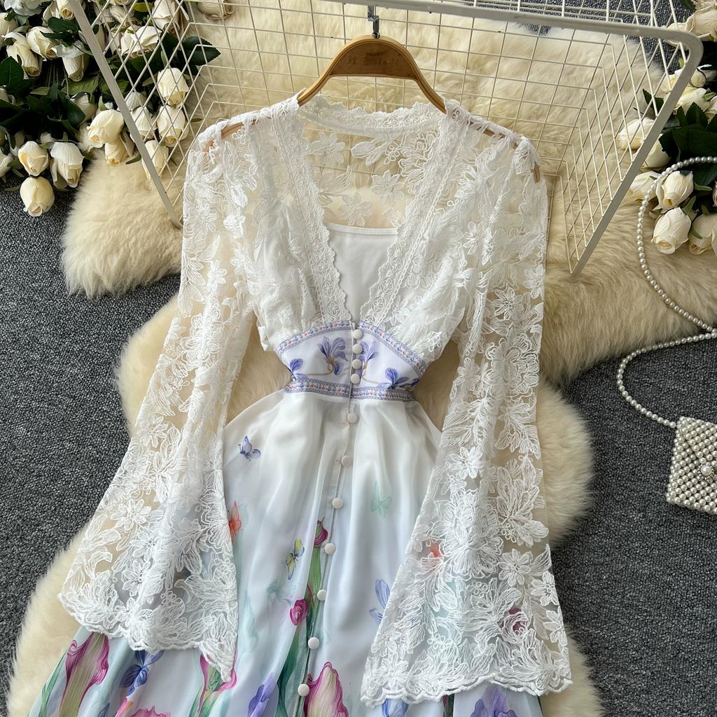 Весна Осень Женские Элегантные Кружева Расклешенные Рукава Глубокий V-образный Вырез Принт Длинные Макси Праздничные Платья Для Вечеринок