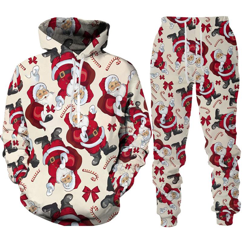 Новый год, Рождество, Санта-Клаус, толстовки с 3D принтом, брюки, спортивный костюм, новинка, костюм из 2 предметов для пары, уличная одежда для вечеринки