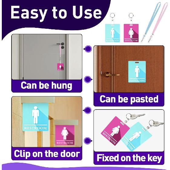 10 PCS Bathroom Passes for Classrooms Include Key Holder and Lanyard, Pink and Blue Bathroom Pass for Women Men, Bathroom Key Chain for Business