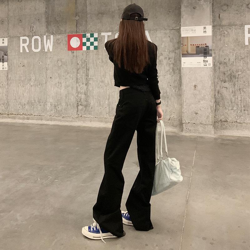 Женские черные джинсы микро-клеш с высокой посадкой 2025 - Осенние стройнящие, свободного кроя, универсальные драпирующиеся брюки в пол