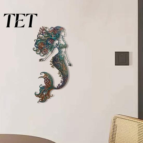 Metal Mermaid Wall Art Decoration, Three-dimensional Hollow Iron Decorative Figures Sculpture, Retro Ocean Style Hanging Swimming Pool Area
