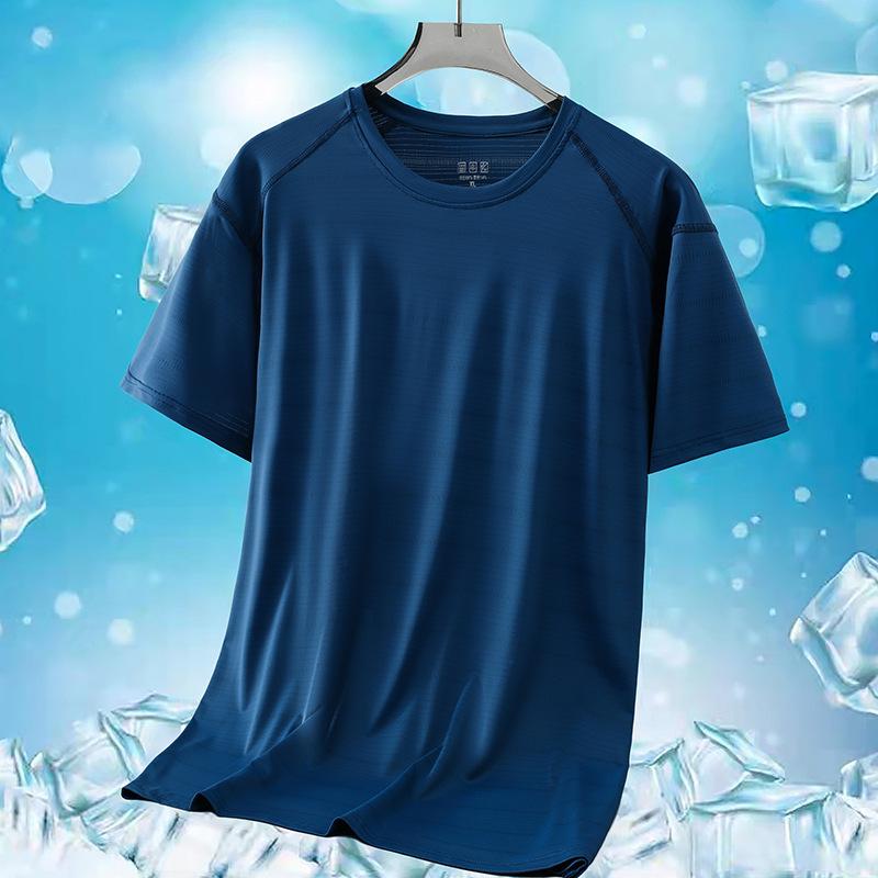 Plus Size Summer Men's Round Neck Ice Silk T-shirt Outdoor Sports and Leisure Quick Drying Short Sleeved Solid Color T-shirt