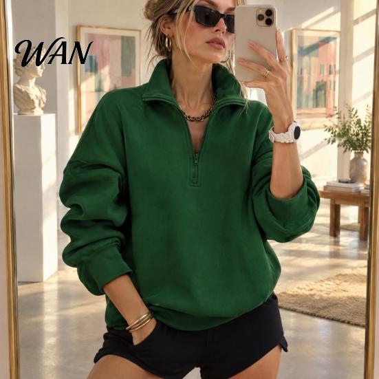 Athleisure Style Sweatshirt Women Oversized Sweatshirt, Stand Collar Zipper Half Placket Tops, Solid Color Basic Long Sleeve Lightweight Pullover Tops