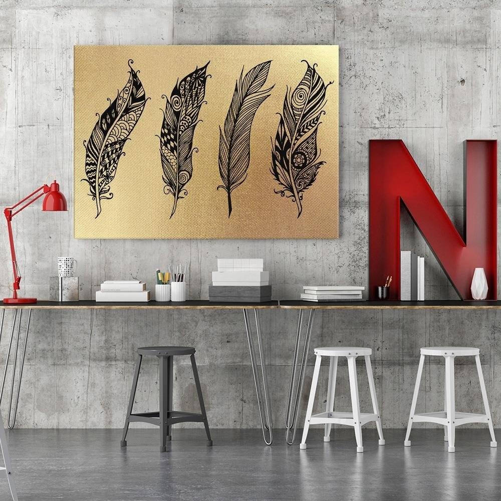 Feeby Canvas print, Gold four drawn feathers