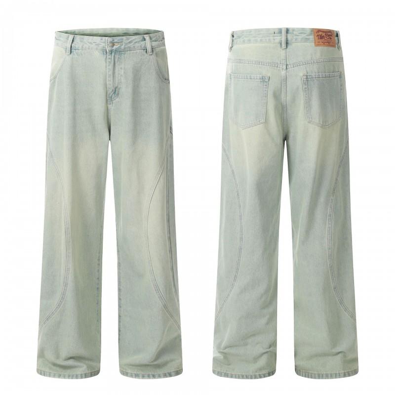 Men Women Streetwear Loose Fit Straight Leg Denim Pants High Waist Washed Blue Cotton Blend Casual Trousers