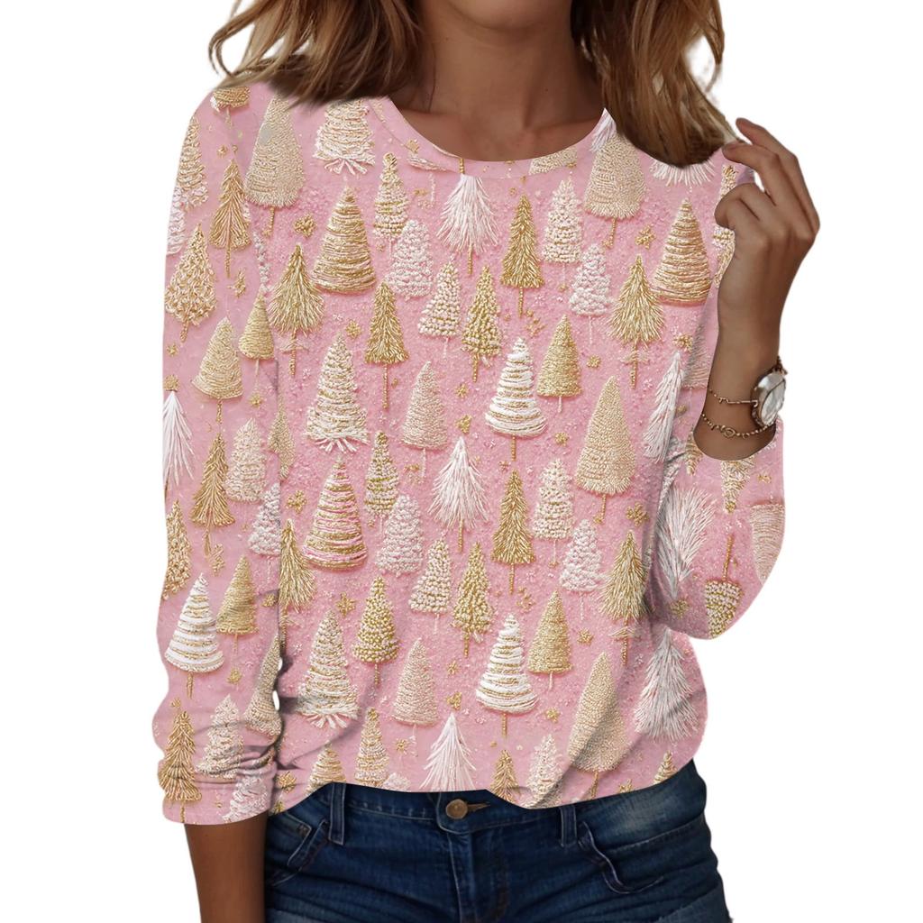 Women's Fashion Casual Christmas Printed Round Neck Long Sleeve Pullover Top