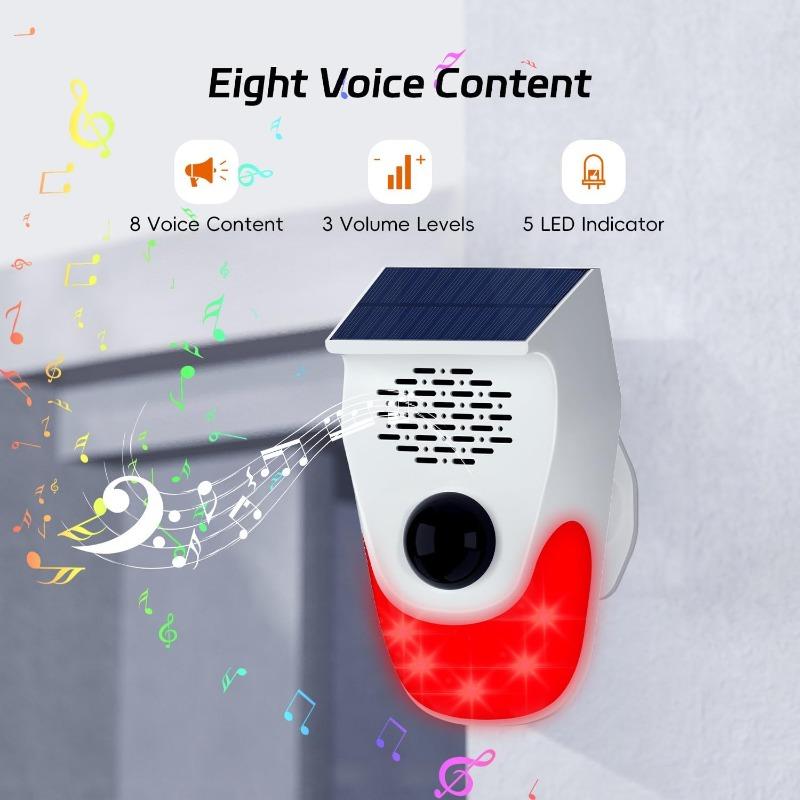 Солнечный голосовой оповещатель. Инфракрасный детектор человеческого тела. Высокодецибелная звуковая и световая сигнализация с несколькими режимами работы.