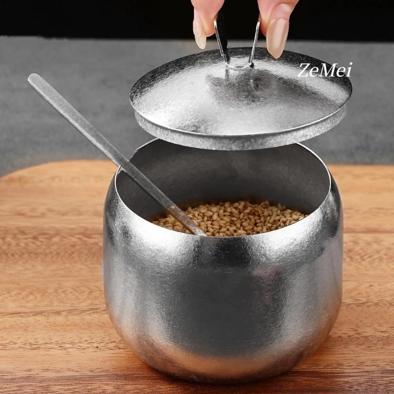 Серебряная банка для специй из чистого титана, с крышкой и ложкой, Кухонные принадлежности Контейнер для специй Органайзер для соли, Банка для хранения кофейных зерен