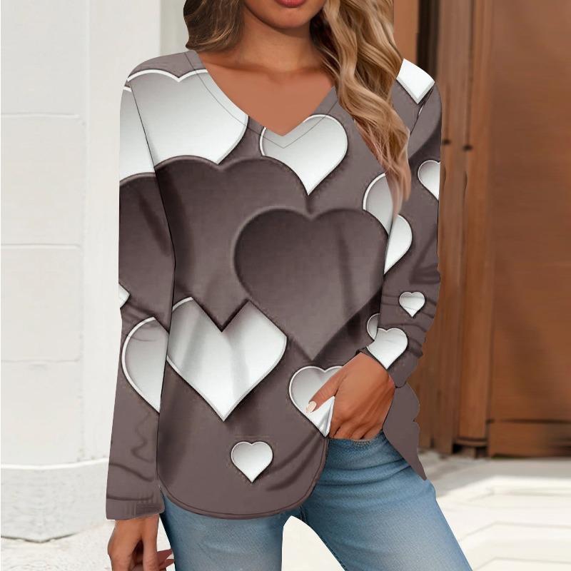 Весна Осень V-образный вырез с цифровым принтом повседневная свободная женская футболка с длинными рукавами пуловеры и длинные рукава (Женский)