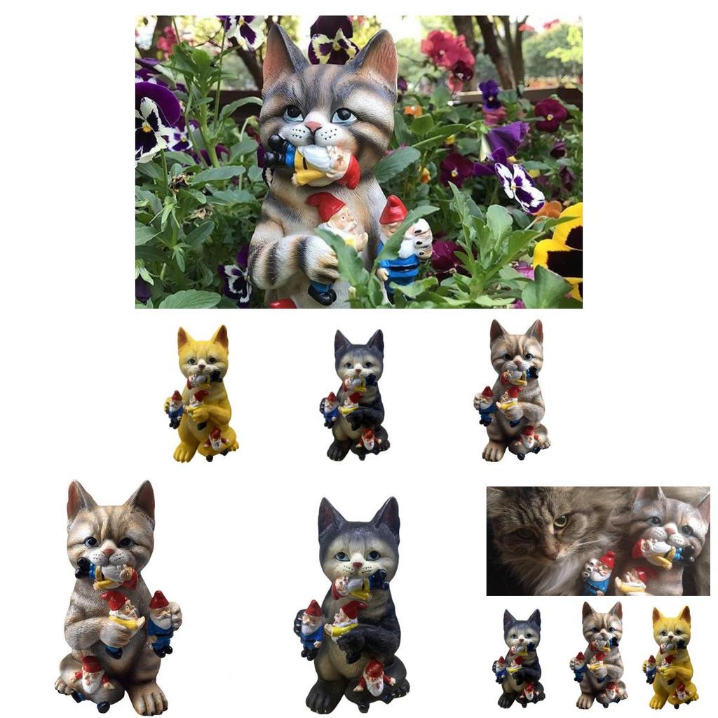 Enchanting Resin Garden Statue Of Cat Eating Dwarf Nordic Hand Painted