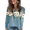 Women's Fashionable Oversized V-Neck T-Shirt With Floral Print Long-Sleeved Pullover Top