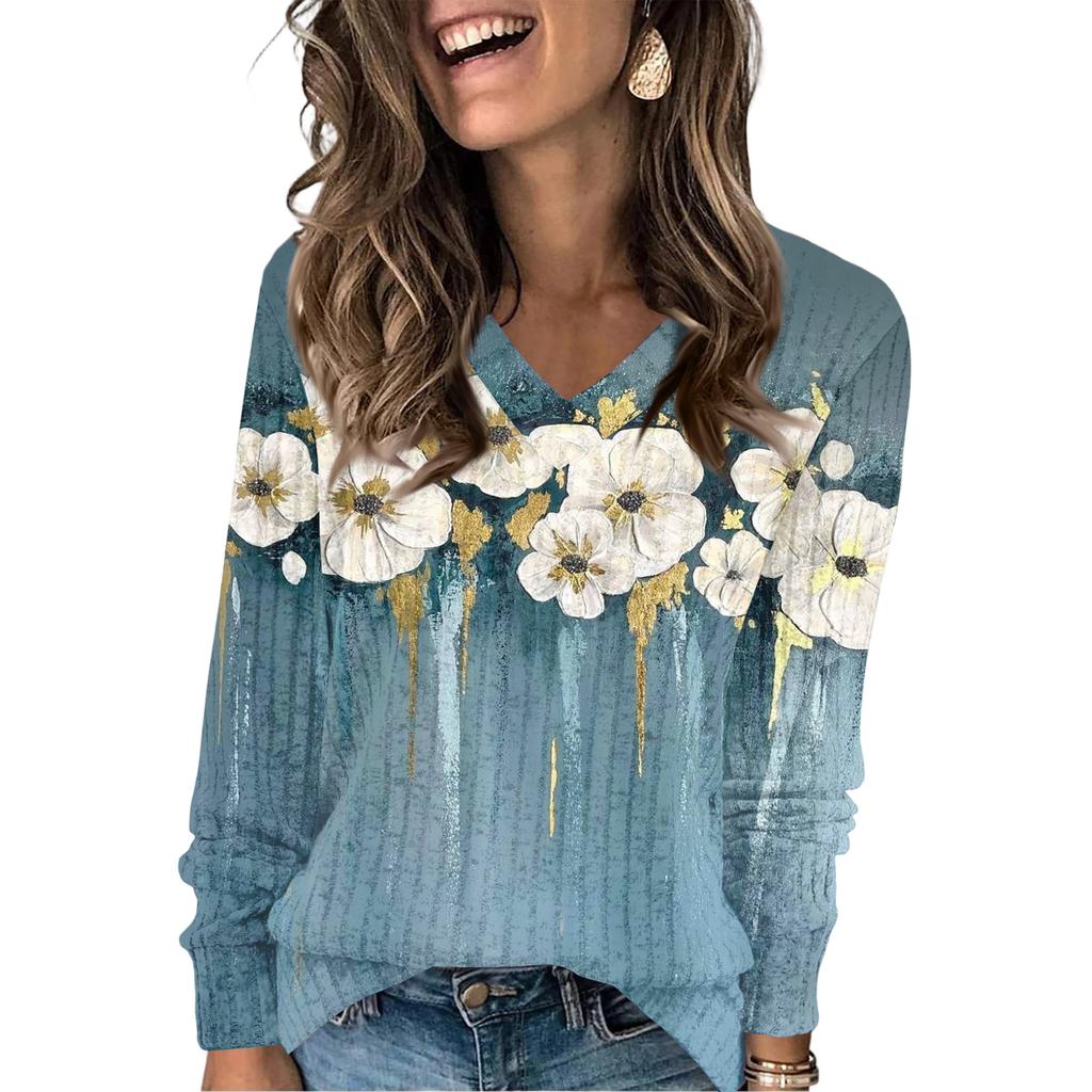 Women's Fashionable Oversized V-Neck T-Shirt With Floral Print Long-Sleeved Pullover Top