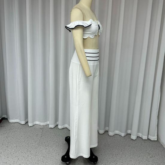 2 Pcs/Set Women Crop Top Pants Suit Low-cut Bandeau Sleeveless Ruffle Backless High Waist Wide Leg Striped Solid Color Commute Soft Summer Tube