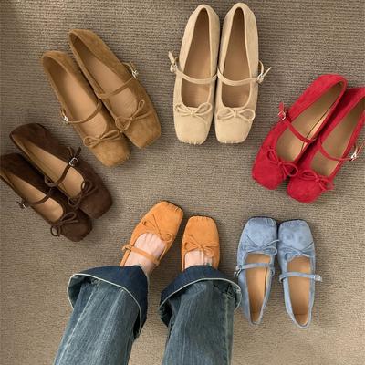 Замшевые туфли с квадратным носком для женщин, весна-осень, новые туфли-балетки Мэри Джейн с бантом, для поездок на работу.