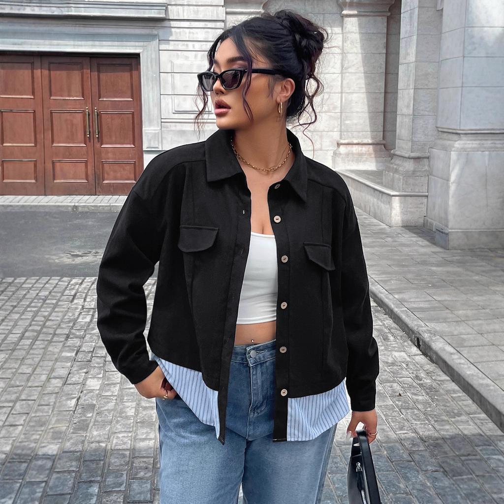 This Is An Early Spring and Autumn Large-sized Women's Short Simple and Stylish Coat with A Striped Design