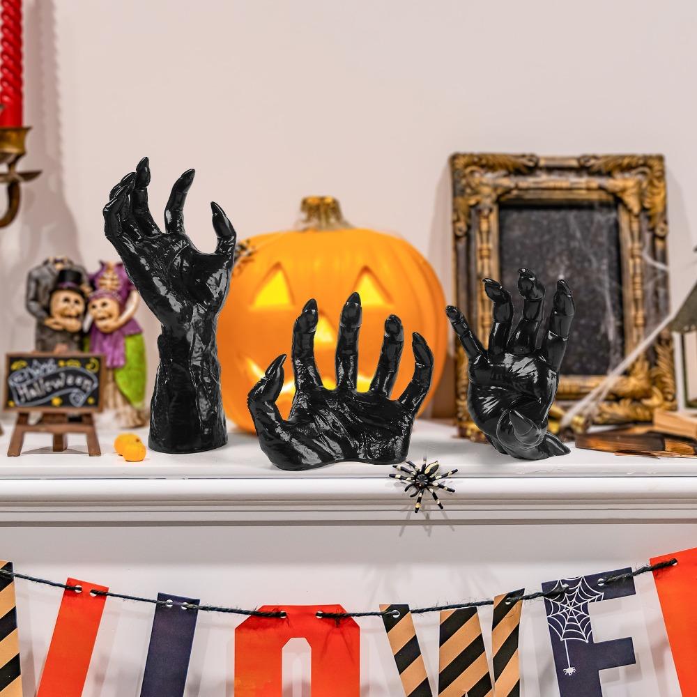3Pcs Realistic Halloween Wall Mounted Devil's Hand with Candle Plastic Halloween Life-Sized Hands Decoration Black