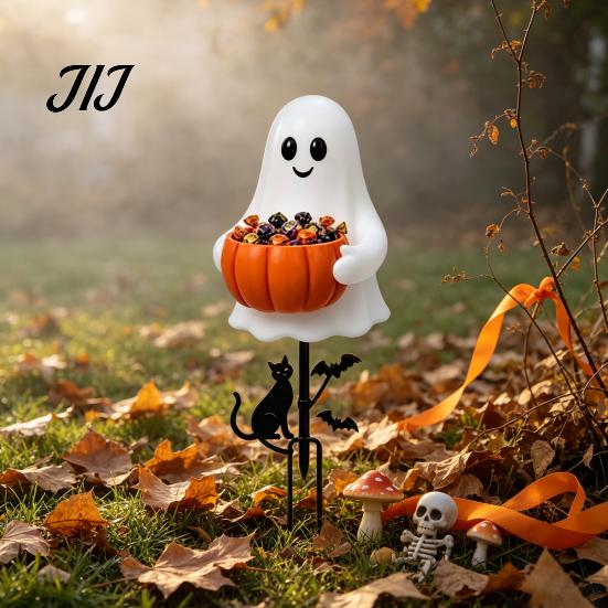 Weather Resistant Yard Art Halloween Ghost Candy Bowl Garden Stake, 2D Flat Pumpkin Holder with Cat Cute Decor And Bats, Trick or Treat for