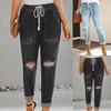Women Solid Color Hole Low Waist Jeans Flares Fashion Pants Trouser