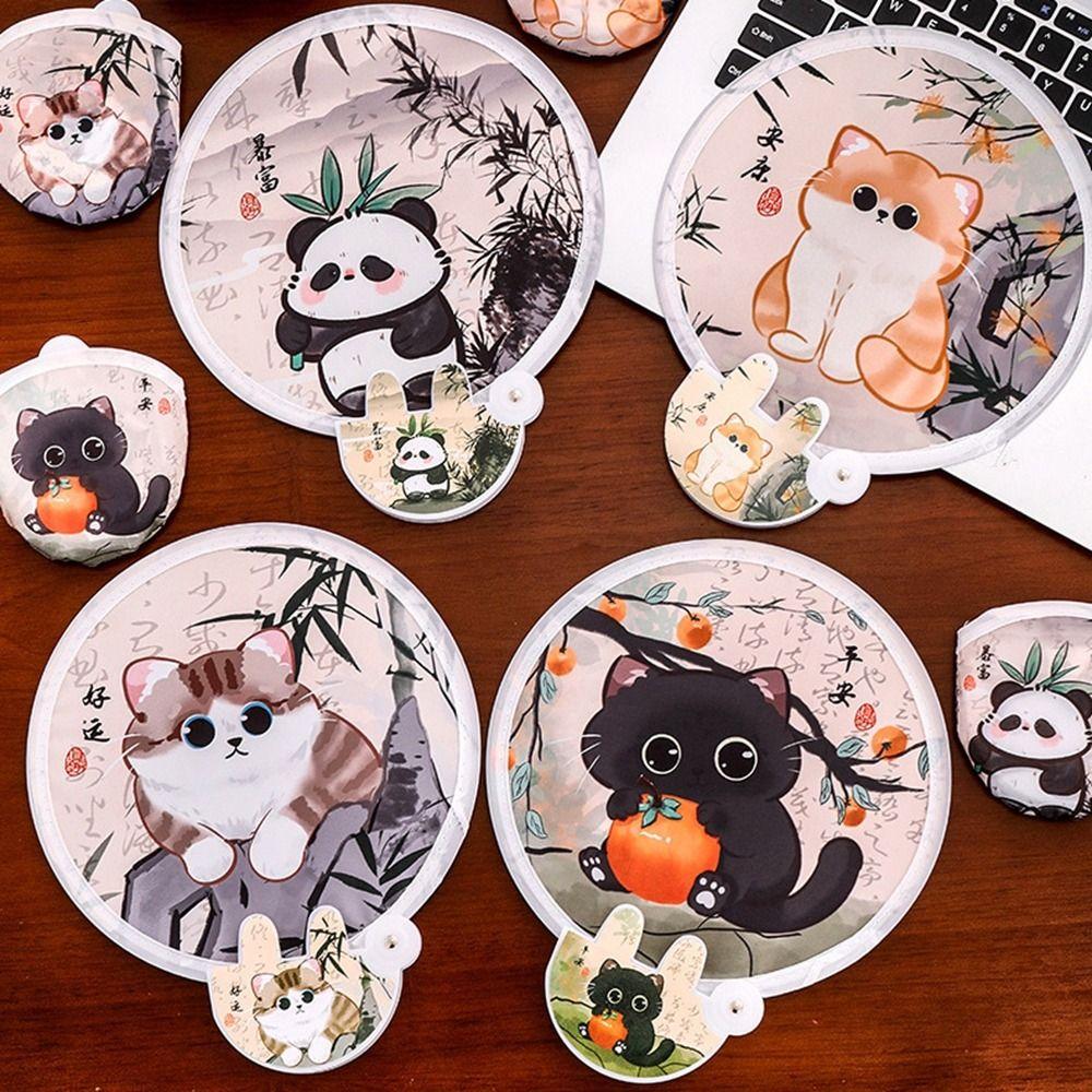 4Pcs Mini Round Pocket Fan Cartoon Reflective Panda Fan Creative Cool Fan for Summer