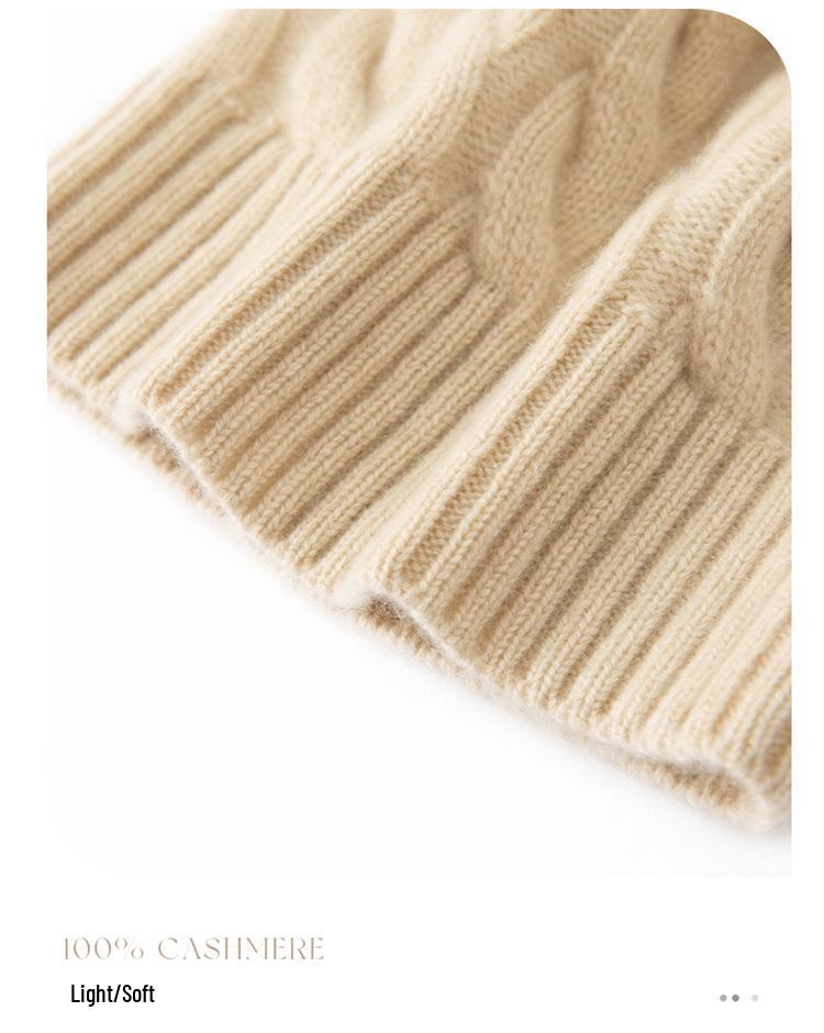 Women's 100% Cashmere Pom-Pom Hat - Three-Strand Winter Knit, Versatile Cable, Warm Ear Protection