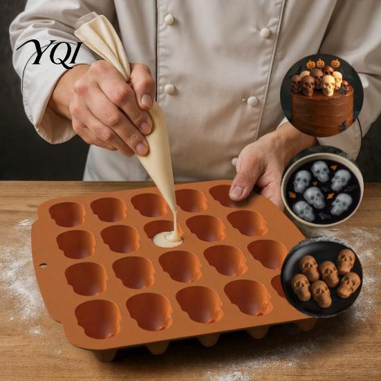 Halloween Party Supplies Skull Cake Mold with 20 Cavity, Theme, Silicone Non-Stick Candy Mousse Mold, Realistic 3D Tray for Baking Jelly Pudding DIY