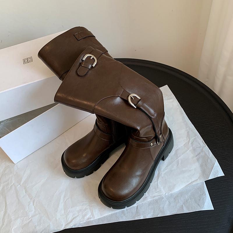 Женские сапоги из натуральной кожи до колена, панк-сапоги с пряжкой на ремне, рыцарские сапоги для верховой езды, женские коричневые туфли на платформе с круглым носком и молнией