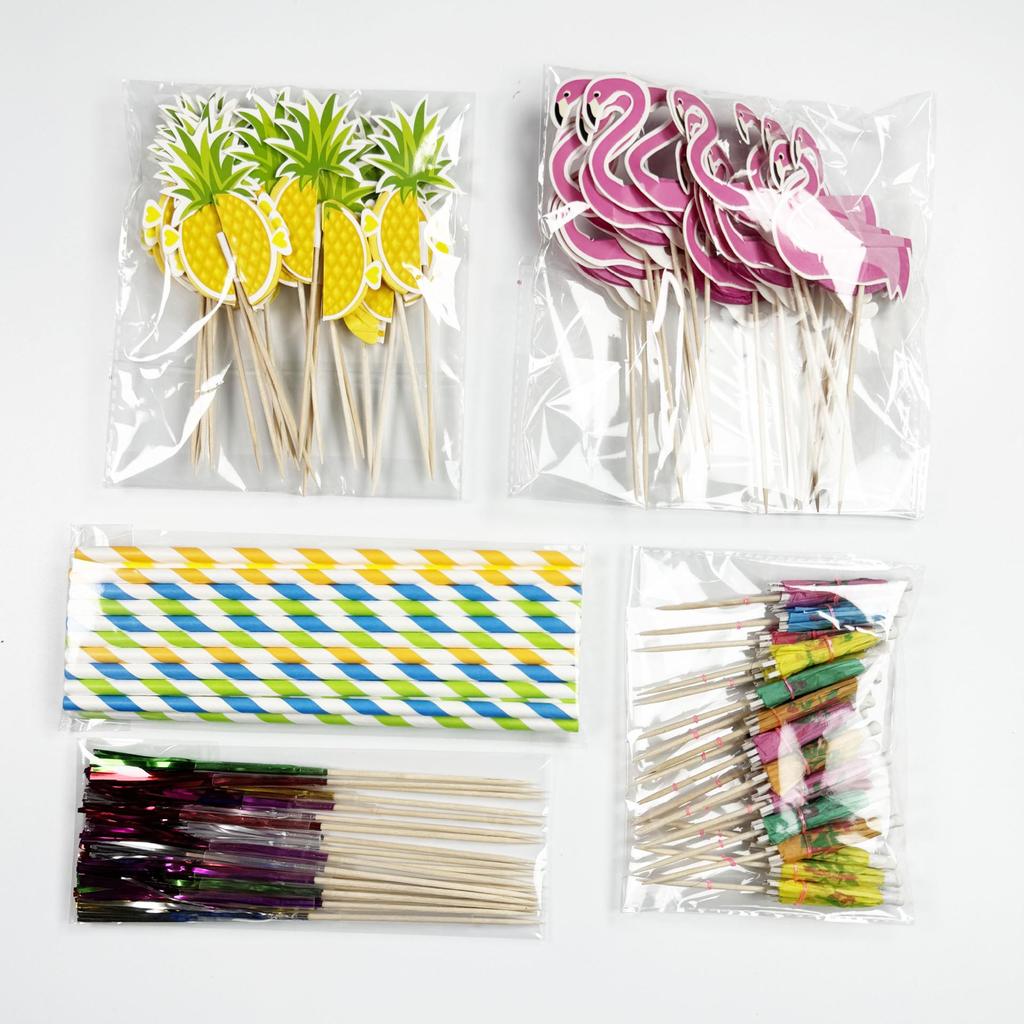 Hawaiian Party Set: 100PCS Colorful Paper Straws, Umbrella Picks, Fruit Picks, Honeycomb Pineapples, Flamingos, Firework Picks