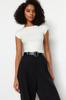 Women's Fashion Blouse Crew Neck Short Black Backless Tie Detailed Ribbed Flexible Knitted Blouse