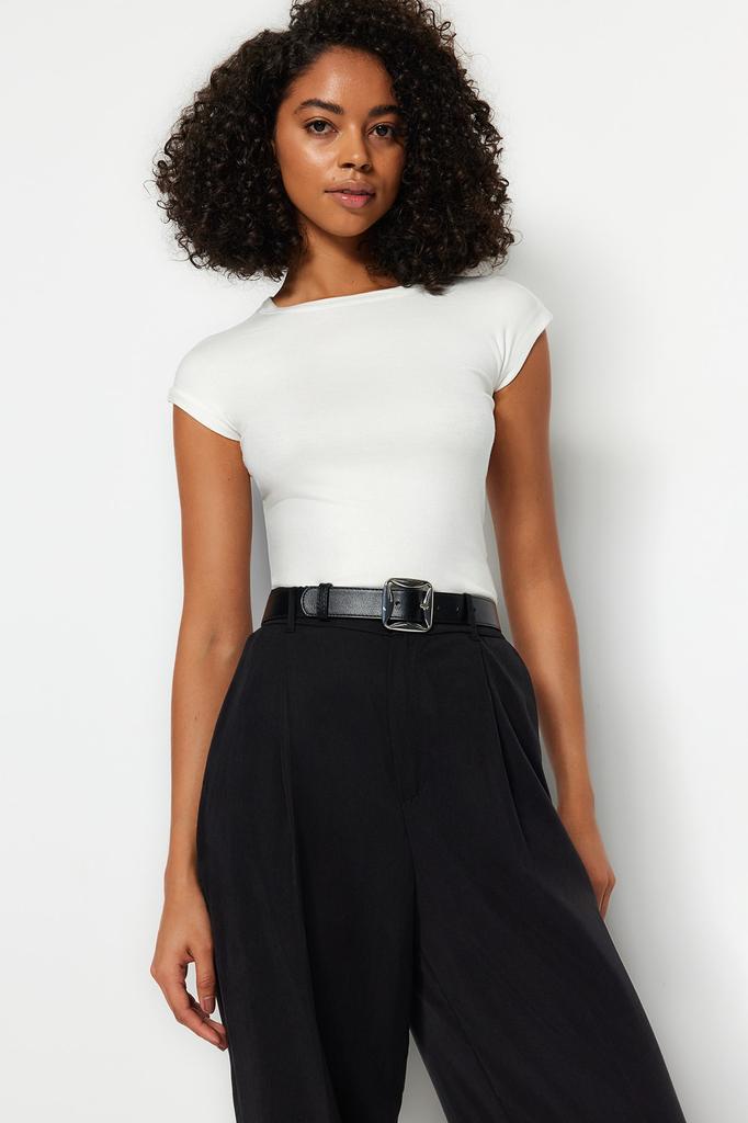 Women's Fashion Blouse Crew Neck Short Black Backless Tie Detailed Ribbed Flexible Knitted Blouse