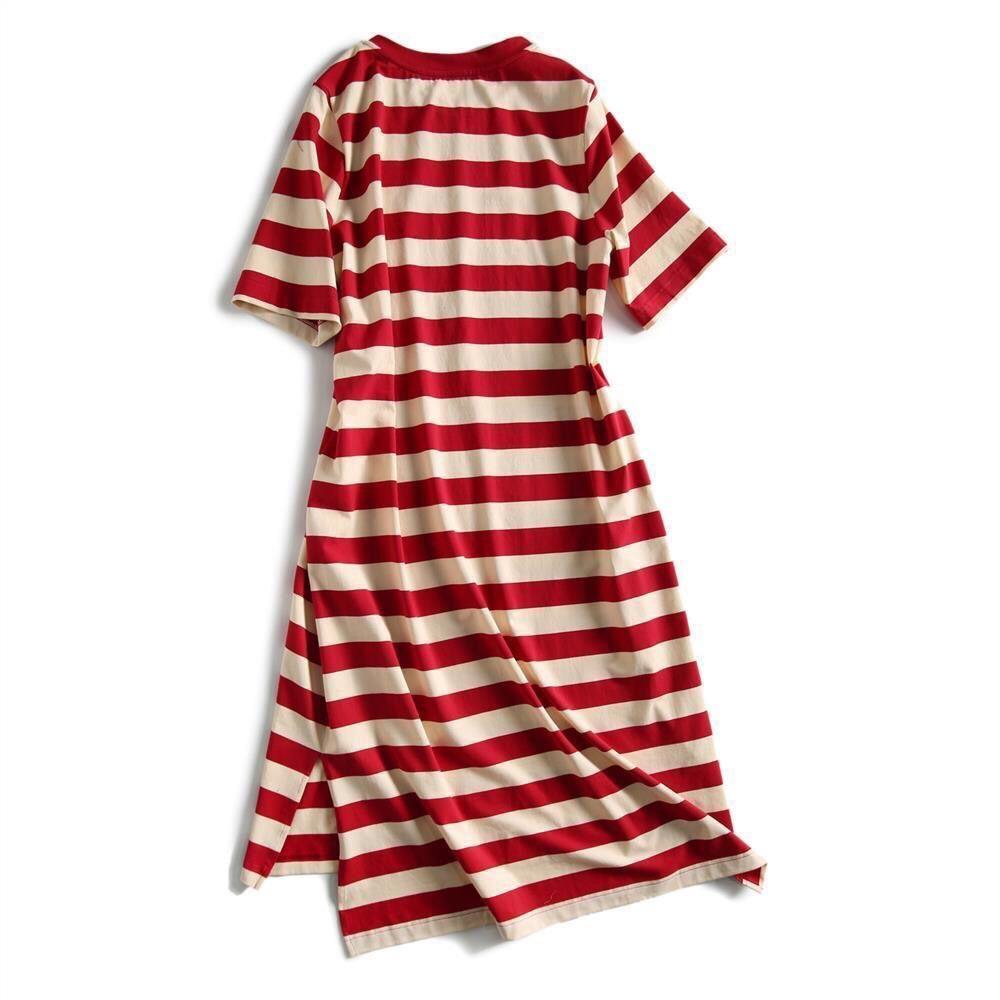 Summer Loose Slim Striped Print T-shirt Dress for Women's Korean Mid-length Short-sleeved Skirt