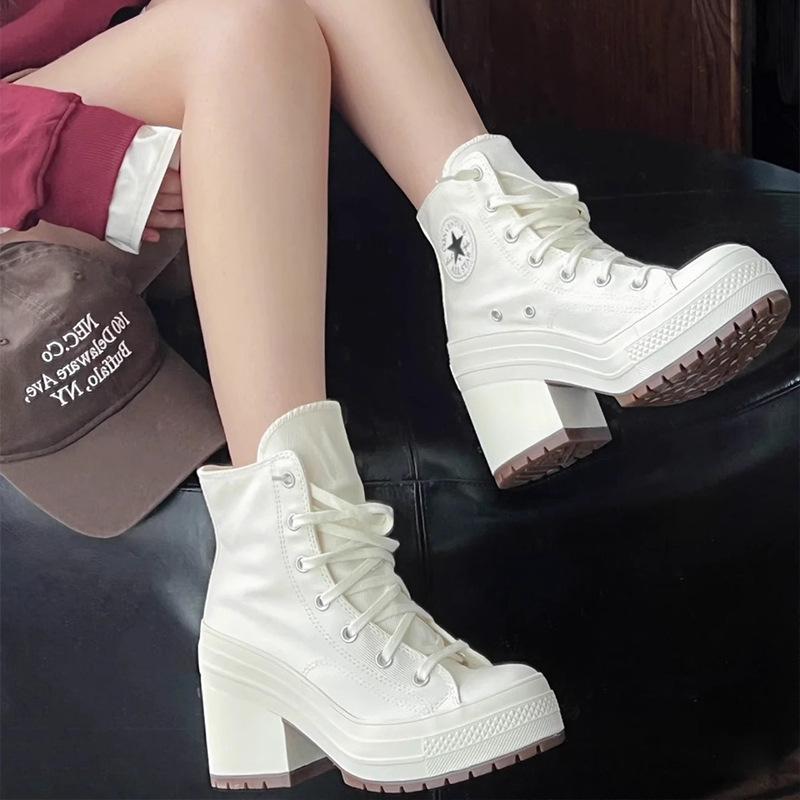 Canvas Shoes Women's Retro Chunky High-heeled High-top Lace-up White  Casual Shoes