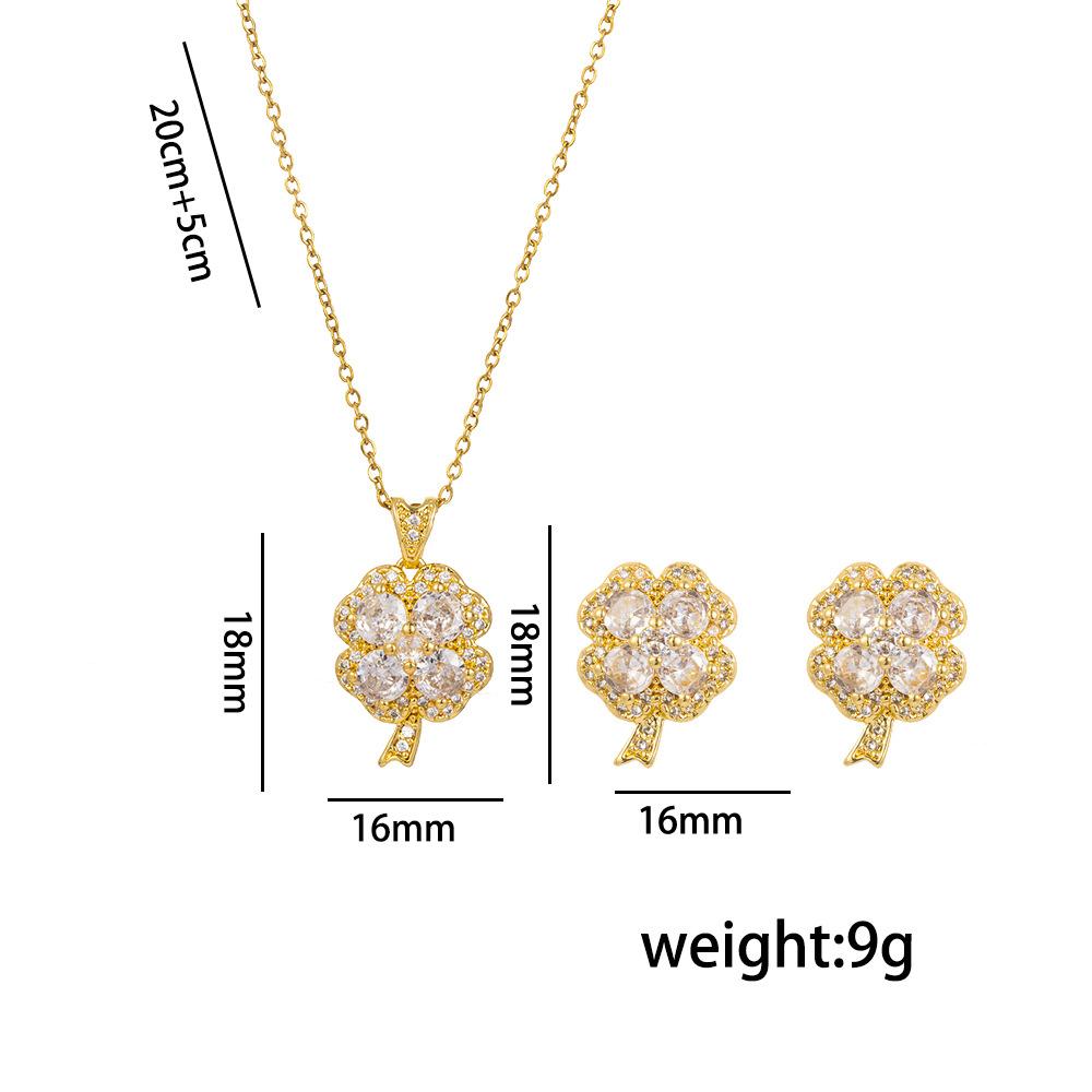 Elegant Full-Crystal Four-Leaf Clover Necklace & Stud Earrings Set, Minimalist Titanium Steel Jewelry, Fashionable Gift for Women