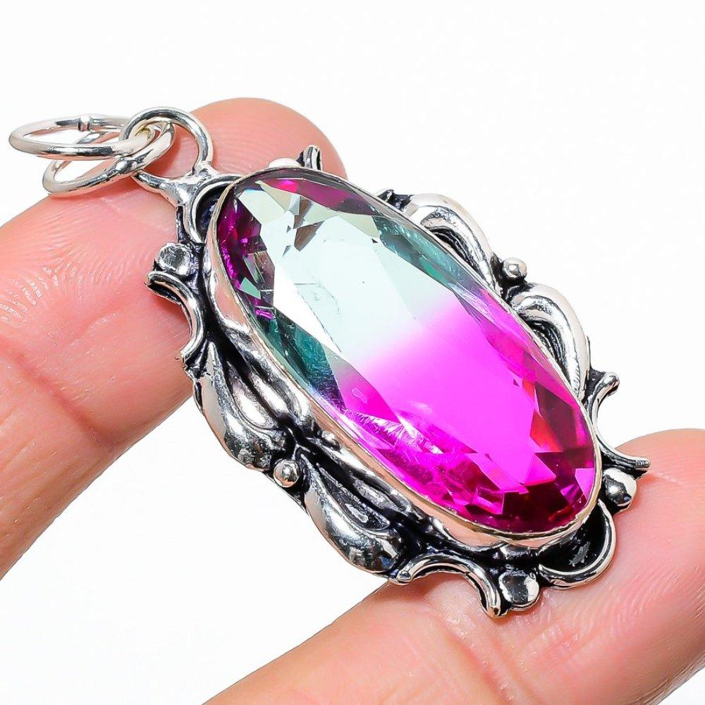 Natural Bi-Color Tourmaline Gemstone 925 Sterling Silver Pendant 2.21" U4b19